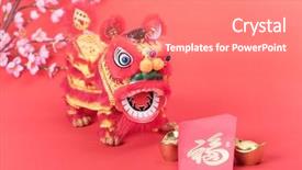  Presentation with traditional dancing - Beautiful PPT theme featuring golden dragon - chinese traditional dancing lion backdrop and a coral colored foreground