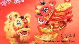  Presentation with traditional dancing - Colorful slide set enhanced with golden dragon - chinese traditional dancing lion backdrop and a red colored foreground