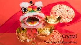  Presentation with traditional dancing - Beautiful slide set featuring golden dragon - chinese traditional dancing lion backdrop and a red colored foreground