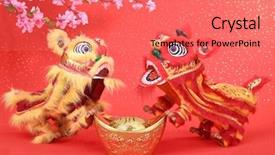 Presentation with traditional dancing - PPT theme consisting of golden dragon - chinese traditional dancing lion background and a coral colored foreground