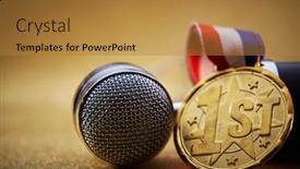  Presentation with medal - Beautiful slides featuring golden-first-medal-and-microphone backdrop and a gold colored foreground