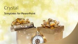 Presentation with sparkling - Beautiful presentation featuring golden gift box and clock close to midnight on sparkling holiday background backdrop and a blonde colored foreground