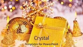  Presentation with glowing lights - Presentation consisting of golden gift box with baubles decorations and candles christmas tree ornament for winter holidays present with abstract bokeh shiny glowing blur lights background background and a yellow colored foreground