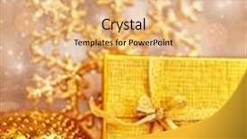  Presentation with glowing lights - Theme enhanced with golden gift box with baubles decorations christmas tree ornament for winter holidays present with abstract bokeh shiny glowing blur lights background background and a coral colored foreground