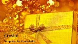  Presentation with glowing lights - Slide deck consisting of golden gift box with baubles decorations christmas tree ornament for winter holidays present with abstract bokeh shiny glowing blur lights background background and a gold colored foreground