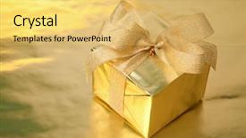  Presentation with an open gift box - Beautiful PPT theme featuring golden gift box with bow backdrop and a  colored foreground
