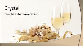  Presentation with champagne - PPT theme with golden gift box with glasses background and a cream colored foreground