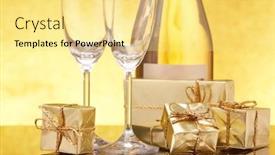 Presentation with champagne gold - Amazing presentation design having golden-gift-boxes-champagne-bottle backdrop and a yellow colored foreground