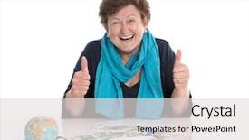  Presentation with older woman - Presentation with golden globe - glad older woman portrait concept background and a light gray colored foreground