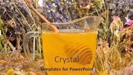  Presentation with fluid gold honey dripping - Slides enhanced with golden honey and colorful flowers studio shot background and a gold colored foreground