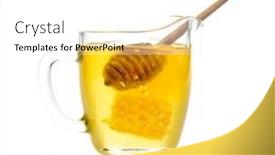  Presentation with wooden stick - Theme having golden honey and wooden stick in the glass against white background background and a white colored foreground