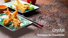  Presentation with shrimps - Colorful PPT theme enhanced with golden japanese - shrimps tempura with spicy chili backdrop and a gray colored foreground