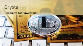  Presentation with litecoin - Slide set with golden litecoin and mound of money digital cryptocurrency concept background and a yellow colored foreground
