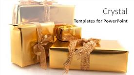  Presentation with golden christmas - Colorful presentation enhanced with golden luxury wrapped christmas presents isolated over white backdrop and a white colored foreground