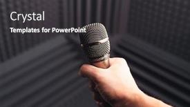 Presentation with acoustic - Cool new presentation design with golden microphone in hand gray background with acoustic foam in studio backdrop and a dark gray colored foreground