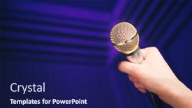  Presentation with acoustic - Slide set having golden microphone in hand purple background with acoustic foam in studio background and a navy blue colored foreground