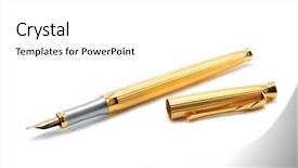  Presentation with pen - PPT theme with golden pen isolated on white background and a white colored foreground