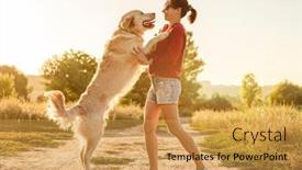  Presentation with golden woman - Slide set with golden-retriever-jumping-on-woman background and a yellow colored foreground