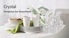  Presentation with restaurant equipment and utilises - Cool new theme with golden rule - set of dishware on table backdrop and a  colored foreground