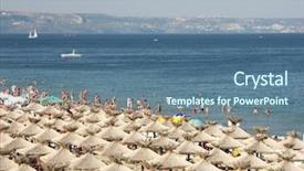  Presentation with beach sands - PPT theme enhanced with golden sands beach with rows of straw shade umbrellas in bulgaria background and a ocean colored foreground