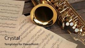  Presentation with music note - Colorful PPT theme enhanced with golden saxophone with musical note backdrop and a coral colored foreground