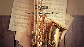  Presentation with music note - PPT layouts with golden saxophone with musical notes background and a coral colored foreground