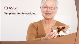  Presentation with fancy - Slide deck featuring golden sixties - old lady smiling holding fancy background and a lemonade colored foreground