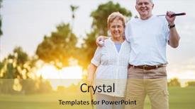  Presentation with retirement golf - Presentation theme consisting of golden sixties - portrait of happy senior couple background and a yellow colored foreground