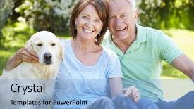  Presentation with senior couple - Colorful slide deck enhanced with golden sixties - portrait of senior couple sitting backdrop and a light blue colored foreground