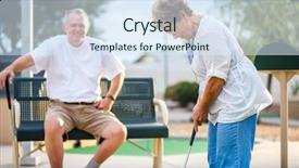 Presentation with mini golf - Amazing PPT theme having golden sixties - retired senior couple enjoying active backdrop and a sky blue colored foreground