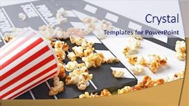  Presentation with movie ticket - PPT layouts with golden ticket - caramel popcorn and movie clapper background and a sky blue colored foreground