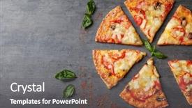  Presentation with pizza - Cool new slide deck with golden triangle - tasty pizza slices on table backdrop and a gray colored foreground