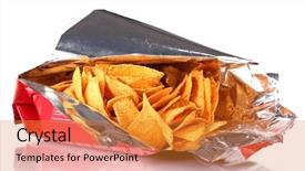  Presentation with potato chips - Slide set enhanced with golden triangle - tasty potato chips in bag background and a gold colored foreground
