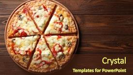  Presentation with pizza - Slide deck having golden triangle - tasty sliced homemade pizza background and a tawny brown colored foreground