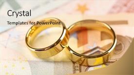  Presentation with golden wedding - PPT theme consisting of golden wedding rings on banknotes background and a lemonade colored foreground