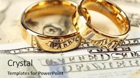 Presentation with golden wedding - Cool new presentation with golden wedding rings on banknotes background marriage of convenience backdrop and a soft green colored foreground