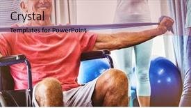  Presentation with seniors - Presentation design consisting of golden wheels - seniors stretching during fitness class background and a coral colored foreground