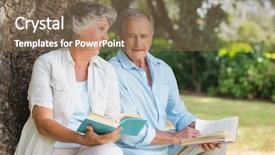  Presentation with older couple - Amazing PPT theme having golden year - older couple reading books together backdrop and a violet colored foreground