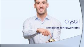  Presentation with korean hotel - Audience pleasing slide set consisting of goldenbell - handsome young man holding hotel backdrop and a sky blue colored foreground