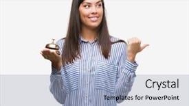  Presentation with hotel - Audience pleasing theme consisting of goldenbell - young beautiful hispanic holding hotel backdrop and a light blue colored foreground
