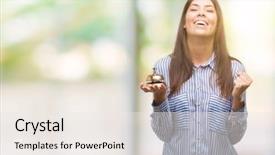  Presentation with hotel - Theme enhanced with goldenbell - young beautiful hispanic holding hotel background and a sky blue colored foreground