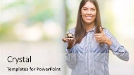  Presentation with hotel - Beautiful presentation design featuring goldenbell - young beautiful hispanic holding hotel backdrop and a sky blue colored foreground