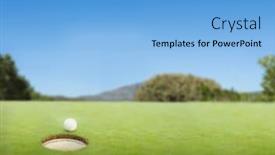  Presentation with golf course - Slide set consisting of golf ball at the edge of the hole on a sunny day at the golf course background and a light blue colored foreground