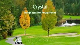  Presentation with course - PPT theme featuring golf cart over nice green course with pond and sand bunker background and a tawny brown colored foreground