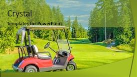  Presentation with golf course - PPT theme enhanced with golf carts on a golf background and a gold colored foreground