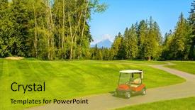  Presentation with golf cart on - PPT theme having golf carts on a golf background and a gold colored foreground