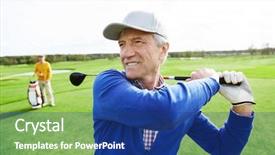  Presentation with billiard pool game nine ball - Beautiful presentation featuring mature grey-haired man with golf club behind back hit the ball during outdoor game backdrop and a ocean colored foreground