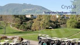  Presentation with country club - Audience pleasing PPT theme consisting of golf-course-and-carts backdrop and a sky blue colored foreground