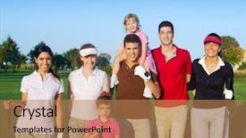 Presentation with gold people planning - PPT theme enhanced with golf course group of friends background and a coral colored foreground