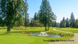  Presentation with golf course - Colorful PPT theme enhanced with golf-course-with-gorgeous-pond backdrop and a gold colored foreground